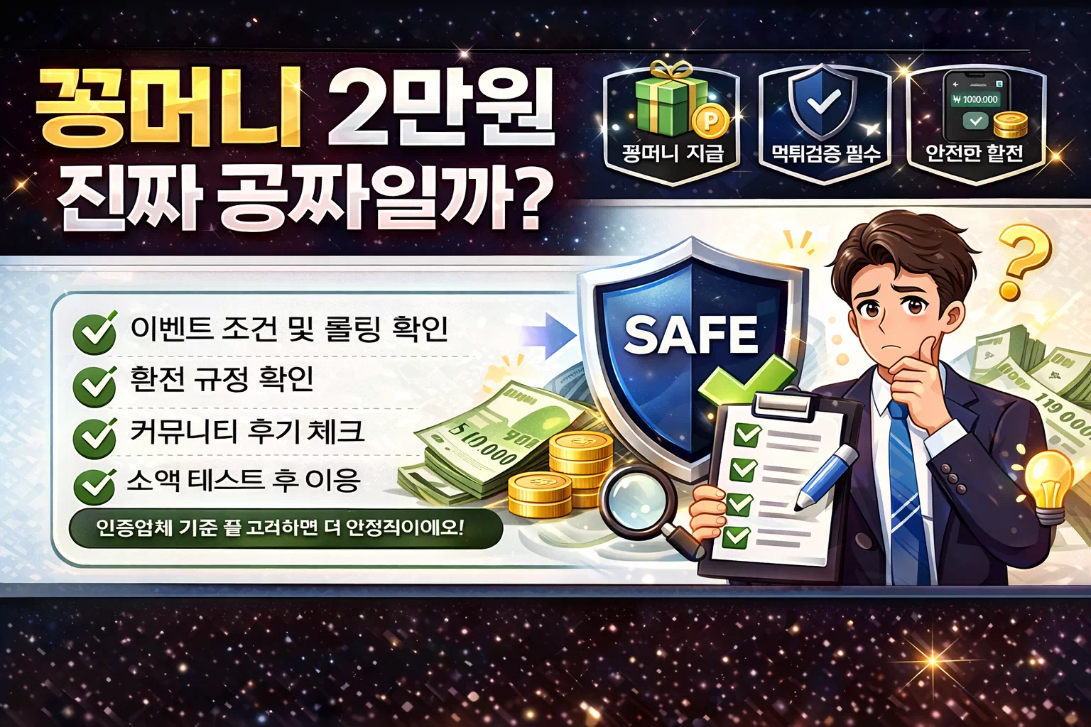 꽁머니 2만원 진짜 공짜일까? 토토사이트 숨겨진 조건과 먹튀검증 기준 완전 정리 - 안전한 꽁머니사이트 정보 0 꽁머니 2만원 진짜 공짜일까? 토토사이트 숨겨진 조건과 먹튀검증 기준 완전 정리 - 안전한 꽁머니사이트 정보 0