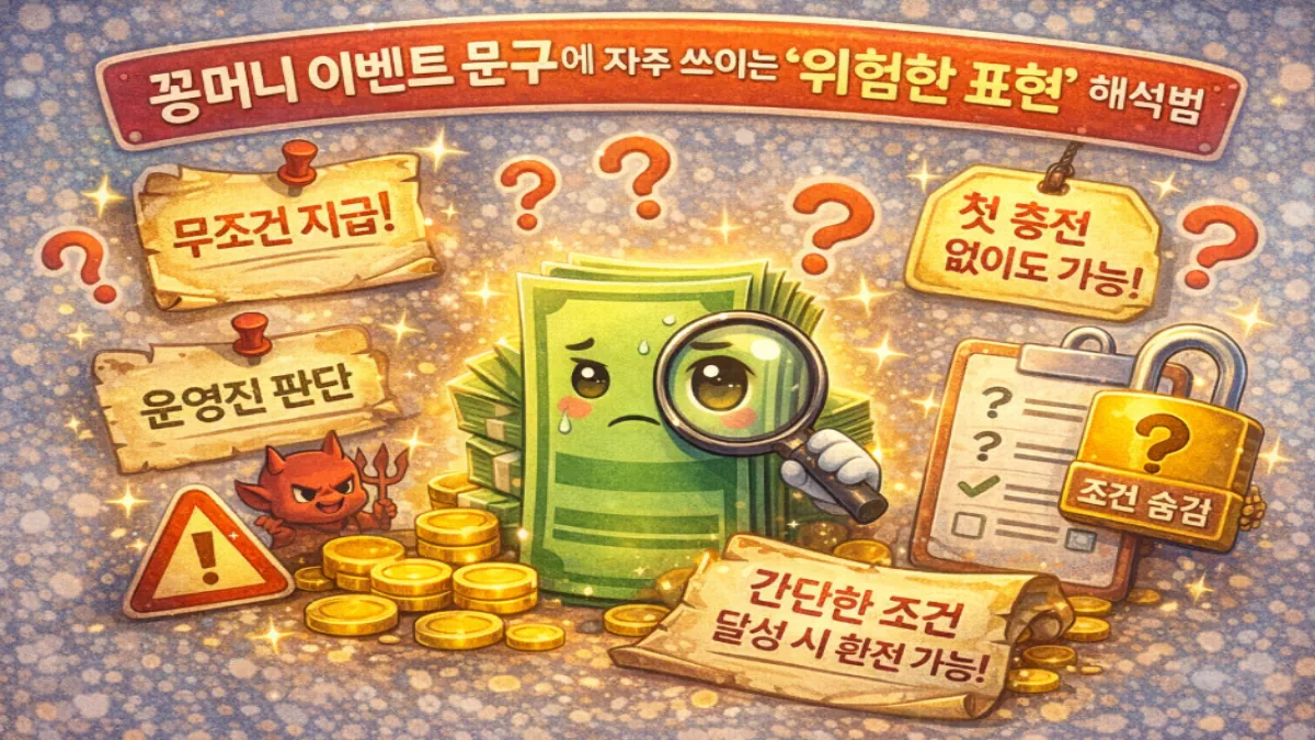 꽁머니 이벤트 문구에 자주 쓰이는 ‘위험한 표현’ 해석법 - 안전한 꽁머니사이트 정보 0 꽁머니 이벤트 문구에 자주 쓰이는 ‘위험한 표현’ 해석법 - 안전한 꽁머니사이트 정보 0